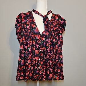 ​New York & Company Floral Tie-Neck Peplum Blouse - Purple & Black